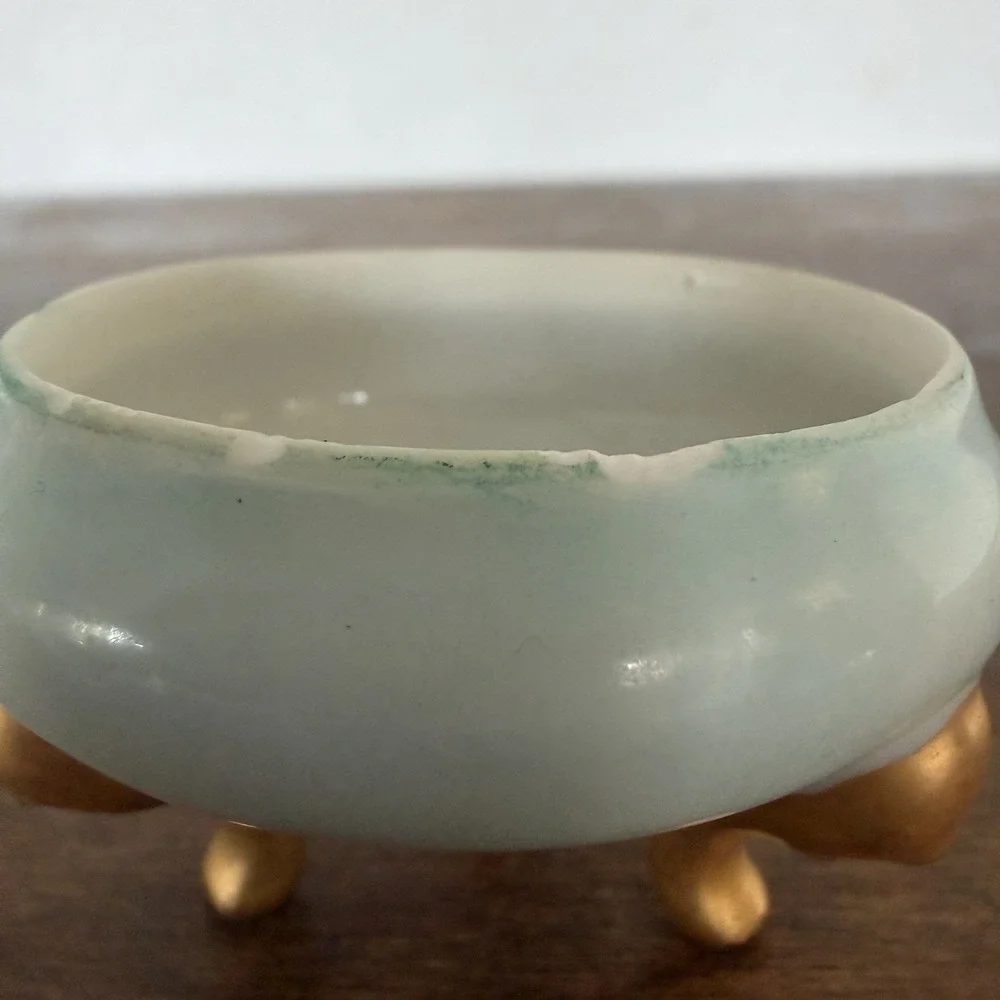 VTG English Blue Porcelain‎ Vanity Jewelry Trinket Dish Hand Painted Gold Floral